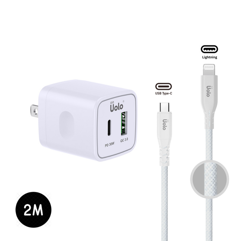 Uolo Power Bundle: 30W PD Wall Charger & 2m USB C to Lightning Cable