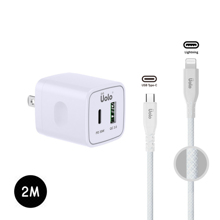 Uolo Power Bundle: 30W PD Wall Charger & 2m USB C to Lightning Cable