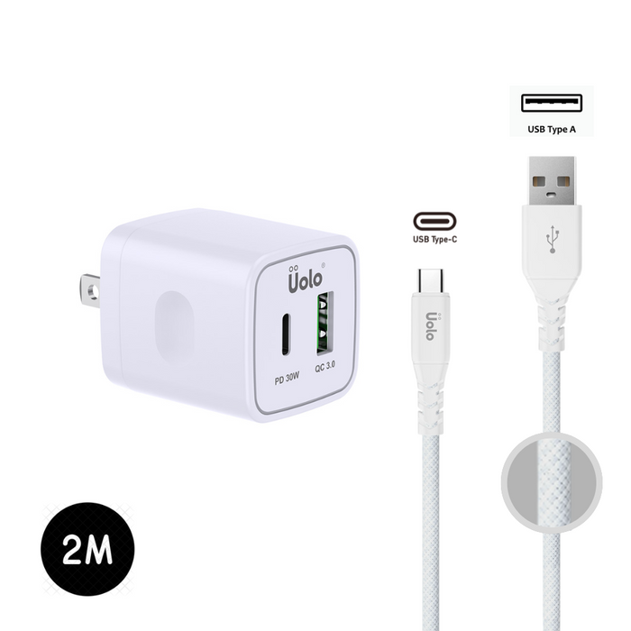 Uolo Power Bundle: 30W PD Wall Charger & 2m USB C to USB A Cable